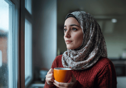 woman looking out of a window holding a mug